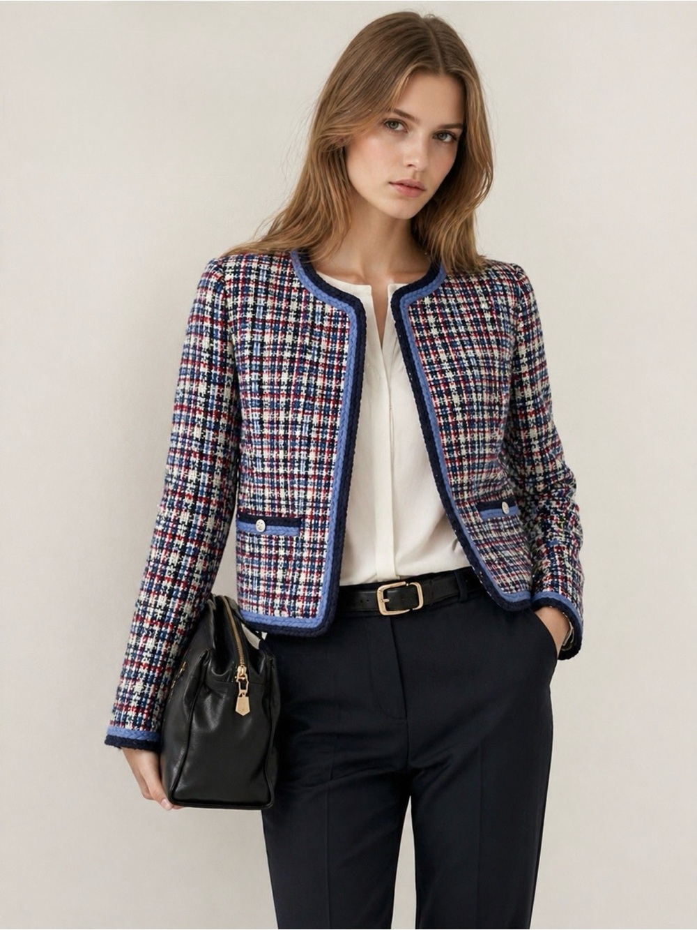 E-LAND Tweed Plaid Cropped Jacket Blue Red White Size 170/92A (US M)